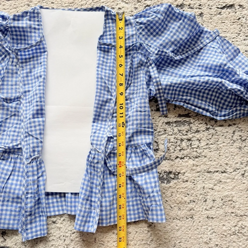 NWOT-Woman’s Blue Plaid Gingham Babydoll Top w/ Tie Front Short Puff Sleeves - Picture 12 of 14